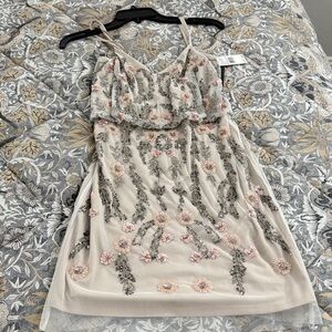 Adrianna Papell Gray and Pink Embroidered Dress